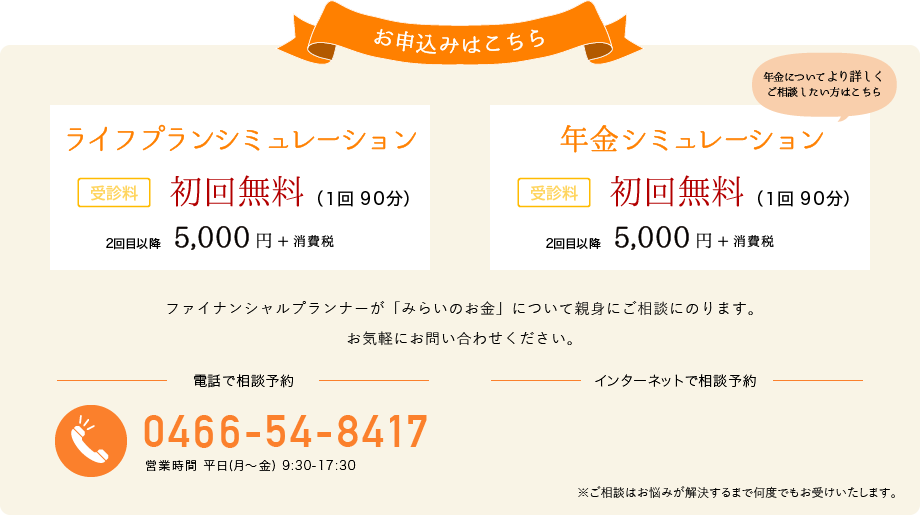 お申込みはこちら ライフプランシミュレーション 年金シミュレーション 受診料 一回 90分 5,000円+消費税 電話でお申し込み 0466-54-8417 営業時間 平日(月～金) 9:30-17:30 インターネットでお申し込み